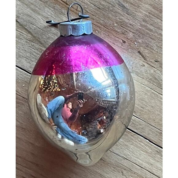 Vintage Mercury Glass Christmas Tree Ornament. Tear Drop shape. Pink.silver - Picture 1 of 4